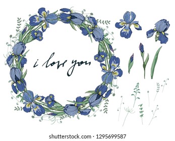 circle frame iris and herbsand handwritten phrase i love you with elements vector isolated  for your design