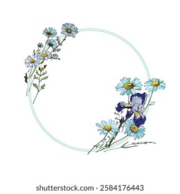 Circle frame with Irises and daisies. Hand drawn round line border, leaves and flowers, wedding invitation and cards, logo design and posters template. Elegant minimal style floral.