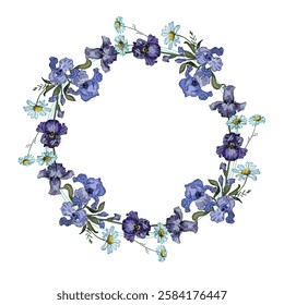 Circle frame with Irises and daisies. Hand drawn round line border, leaves and flowers, wedding invitation and cards, logo design and posters template. Elegant minimal style floral.