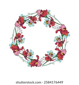 Circle frame with Irises and daisies. Hand drawn round line border, leaves and flowers, wedding invitation and cards, logo design and posters template. Elegant minimal style floral.