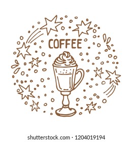 Circle frame with Irish coffee isolated on white background. Doodle style. Design element for cafe menu, leaflets, stickers or magnets.