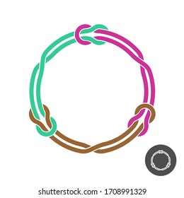 Circle frame with knots and three linked loop ropes. Colored round wires decoration.