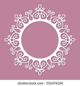 Circle frame with lace border pattern, cutout paper ornament, swirly round decoration, may be used for laser cutting or wood manufacturing, vector illustration