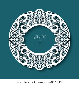 Circle frame with lace border pattern, cutout paper vignette, label, swirly round decoration, may be used for laser cutting or wood manufacturing, eps10 vector illustration