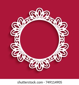 Circle frame with lace border pattern, cutout paper ornament, swirly round decoration, may be used for laser cutting or wood manufacturing, eps10 vector illustration