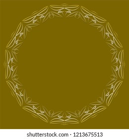 Circle frame with lace patterns, luxurious art deco design. Golden filigree 3d frame on dark golden background. Embossed patterns. Template for announcement, invitation.