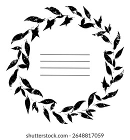 quadro circular com grandes folhas de textura mal impressa Impressão gasta, impressão angustiada. ilustração vetorial com listras para escrita. modelo para cadernos e cadernos de esboços como a página principal. Preto em um