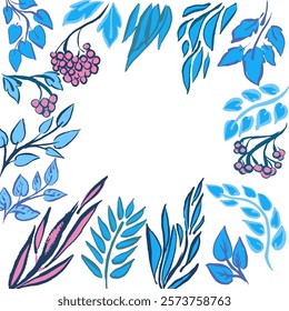 A circle frame with leaves and  berries. Hand draw with brush texture. Vector, isolated. Nice blue colors.