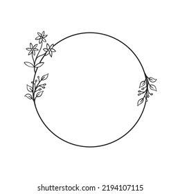 Circle frame with leaves. Doodle minimal style. Nature and organic decoration.