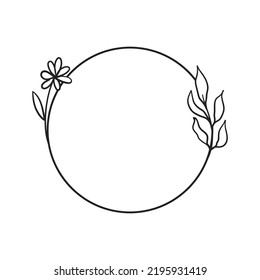 Circle frame with leaves. Doodle minimal style. Nature and organic decoration.