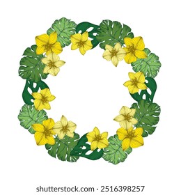 Marco circular con hojas de palma y orquídeas.