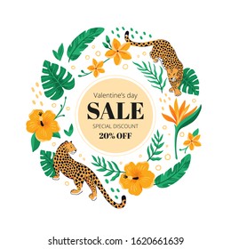 Circle frame with leopards and tropical flowers on the white background for Valentine's day. Good for sale, banner, social media. Vector illustration.