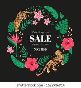 Circle frame with leopards and tropical flowers on the black background for Valentine's day. Good for sale, banner, social media. Vector illustration.