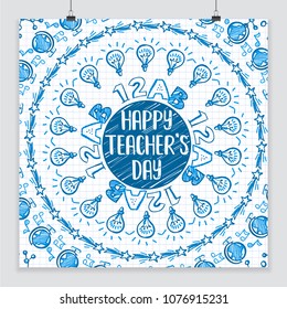 Circle frame with line icons around Happy teachers day greetings on ruled paper. Educational school symbols. Vector illustration. Card, banner, poster. Doodle and pen drawn style.