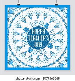 Circle frame with line icons around Happy teachers day greetings on ruled paper. Educational school symbols. Vector illustration. Card, banner, poster. Doodle and pen drawn style.