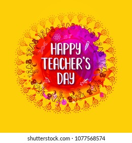 Circle frame with line icons around Happy teachers day greetings on watercolor splash Educational school symbol - lamp. Vector illustration. Card, banner, poster. Doodle and pen drawn style