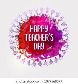 Circle frame with line icons around Happy teachers day greetings on watercolor splash Educational school symbol - lamp. Vector illustration. Card, banner, poster. Doodle and pen drawn style