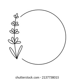 Circle frame linear logo with lavender. Space for text. Boho emblem. Bohemian sign. Elegant minimal badge for company branding. Editable stroke. Isolated vector stock illustration