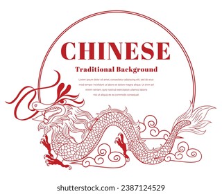 Circle frame, lines Red color , Dragon Chinese style, Chinese vintage frame, decorative classic festive red background, vector illustration.