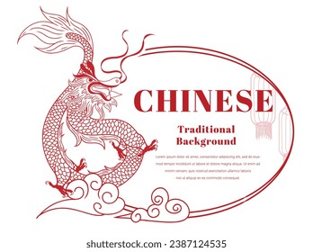 Circle frame, lines Red color , Dragon Chinese style, Chinese vintage frame, decorative classic festive red background, vector illustration.