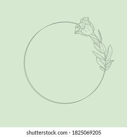 Circle Frame of Lisianthus Flowers and branches. Round icon in a trendy minimalistic linear style. Vector Floral logo in Green Background For cosmetics logo, beauty Studio, hair salon, handmade, spa