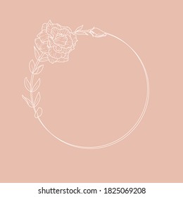 Circle frame of Lisianthus Flowers and branches. Round icon in a trendy minimalistic linear style. Vector Floral wreath. Template for cosmetics logo, beauty Studio, hair salon, handmade, spa