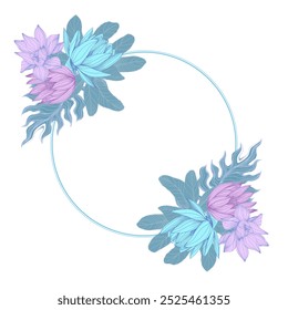 Circle frame with lotus and tropical banana tree leaves. Hand drawn round line border, leaves and flowers, wedding invitation and cards, logo design and posters template. Elegant minimal style floral.