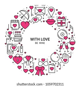 Circle frame with love symbols in line style. Love couple relationship dating wedding romantic amour concept theme. Unique Valentine day round print. Elements, icons