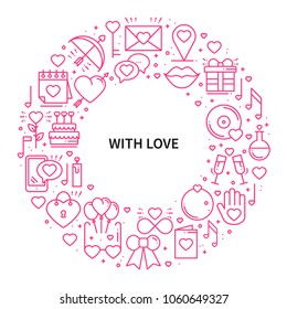 Circle frame with love symbols in line style. Love couple relationship dating wedding romantic amour concept theme. Unique Valentine day round print. Elements, icons