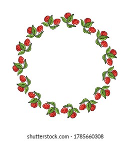 Circle frame with lychees isolated on white background. Vector illustration. Doodle style. Design element for greeting card, poster, leaflet, sticker, booklet, cover.