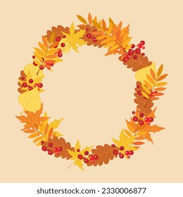 marco de círculo, hecho de hojas de otoño y cenizas de montaña