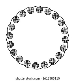 Circle frame made by spirals on the inside. Linear spirals forming a decorative motif and pattern, constructed from repeated lines. Monochromatic illustration on white background. Vector.