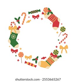 Circle frame made from colorful Christmas stockings and sweets. Xmas and New Year gifts. Holiday template for banner, greeting card. Vector flat illustration isolated on white background