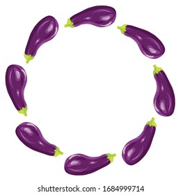 Circle frame made of eggplant vegetables on white background with copy space. Vector illustration in cartoon realistic style. Design for label, product, invitation, greeting post cards,