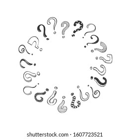 Circle frame made of of hand drawn question marks, doodle questions on a white background, vector illustration.