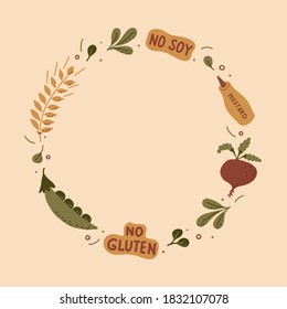 El marco circundante está hecho de letras hechas a mano y plantas verdes con ingredientes de carne a base de plantas. Ilustración vectorial. 