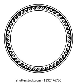 Circle frame, made with running dog pattern. Seamless meander design over white. Waves shaped into repeated motif. Scroll pattern, used as decorative border. Vitruvian wave or Vitruvian scroll. Vector