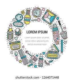 Circle frame with make up doodle vector illustration. Place for your text