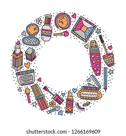 Circle frame with make up doodle vector illustration
