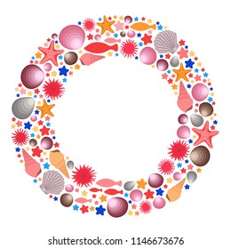 Circle frame marine underwater world objects, sea anemone flower, starfish, fish, scallop, shell, clam, conch, round border red, pink, coral, brown, grey color, for banner, print, decorative chaplet.