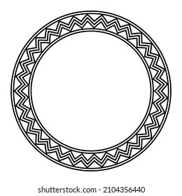 Circle frame, with a meander, made of a zigzag line pattern. Decorative, round border, made of three bold serrated lines, surrounded and framed by bold circles. Black and white illustration. Vector.