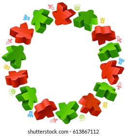 Circle frame of meeples for board games. Red and green game pieces, and resources counter icons isolated on white background. Vector border for design of geek t-shirt print