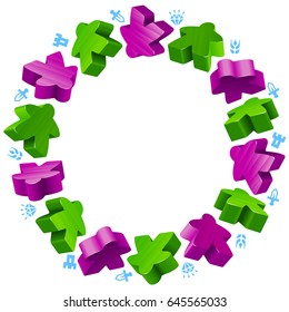 Circle frame of meeples for board games. Green and purple game pieces, and resources counter icons isolated on white background. Vector border for design boardgames advertisement