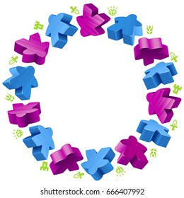 Marco circular de manzanas para juegos de mesa. Piezas de juego azules y púrpuras, y recursos contrarrestan iconos aislados en fondo blanco. Borde vectorial para la publicidad de juegos de mesa de diseño