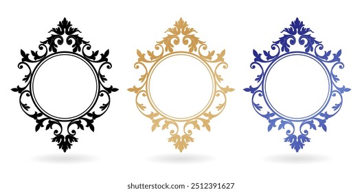 circle frame mirror with ornament three colors isolated white backgrounds for design in Eastern style, place for text, Floral blue border. Lace illustration invitations and greeting cards, stationery