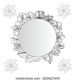 Circle frame with monochrom leaf border for wedding card