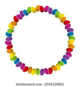 Circle frame from multi colored Easter eggs. Circular arrangement of colorful, rounded shapes forms a vibrant border. Each egg shape displays a gradient transition, creating a rainbow-like effect.