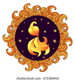 Circle frame with Mythical Firebird. Vector illustration of Phoenix. 