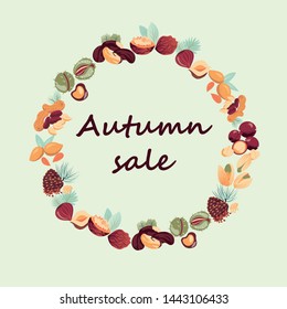 circle frame of nuts on tke green mint background with 
inscription autumn sale