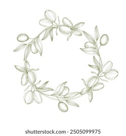 Circle frame with olive . Hand drawn round line border, leaves and flowers, wedding invitation and cards, logo design and posters template. Elegant minimal style floral vector isolated 